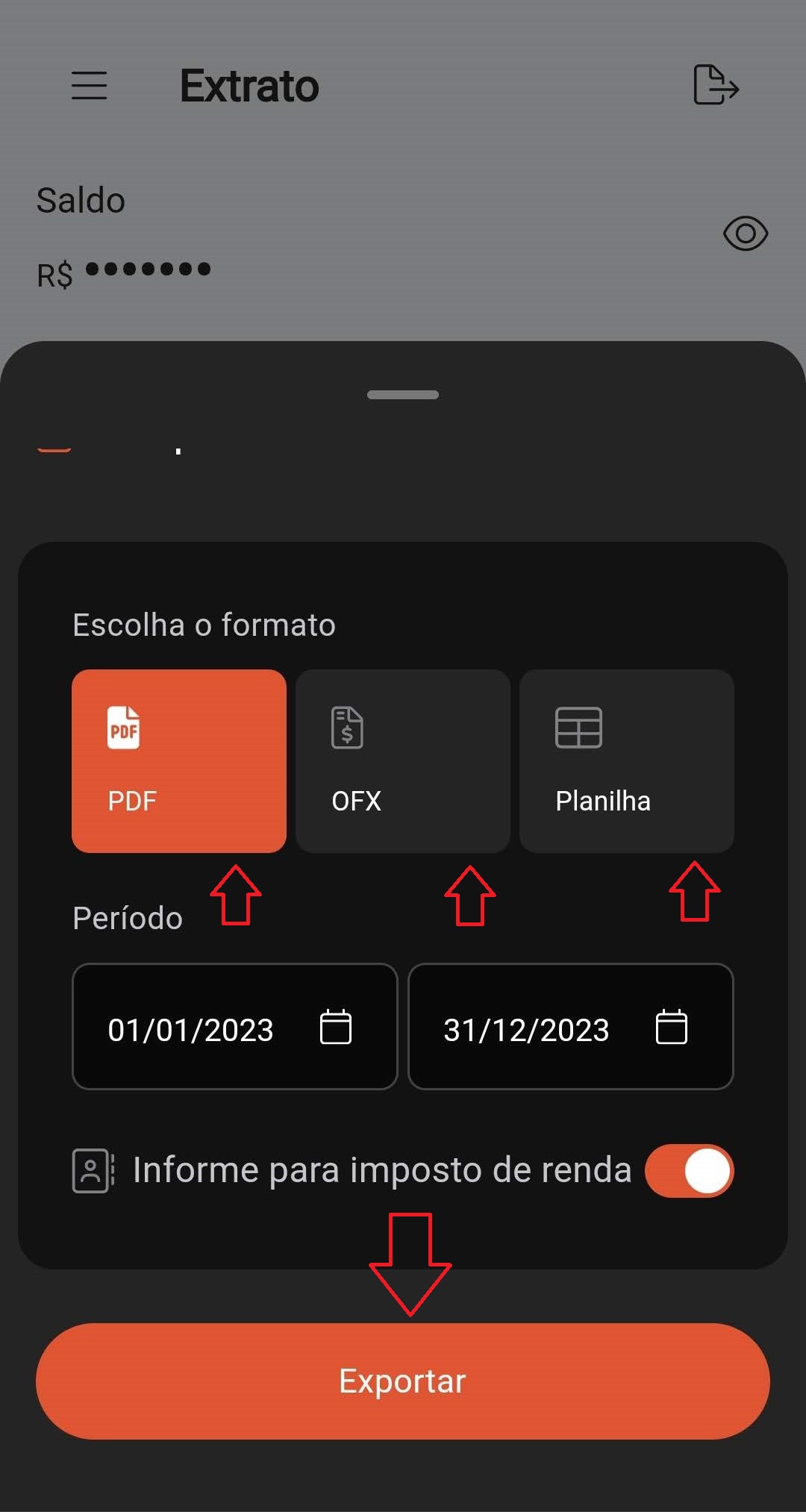 Tela exportar extrato - seleção tipo de arquivo - Marcado.jpg