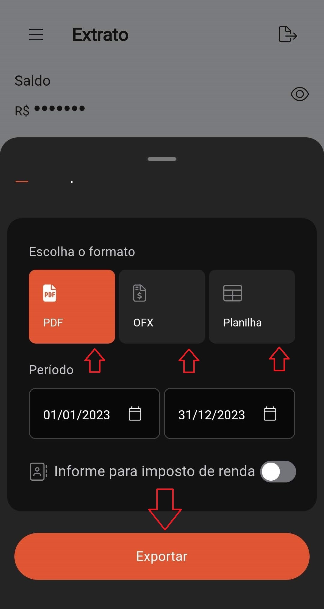 Tela exportar extrato - seleção tipo de arquivo - Marcado sem IR.jpg