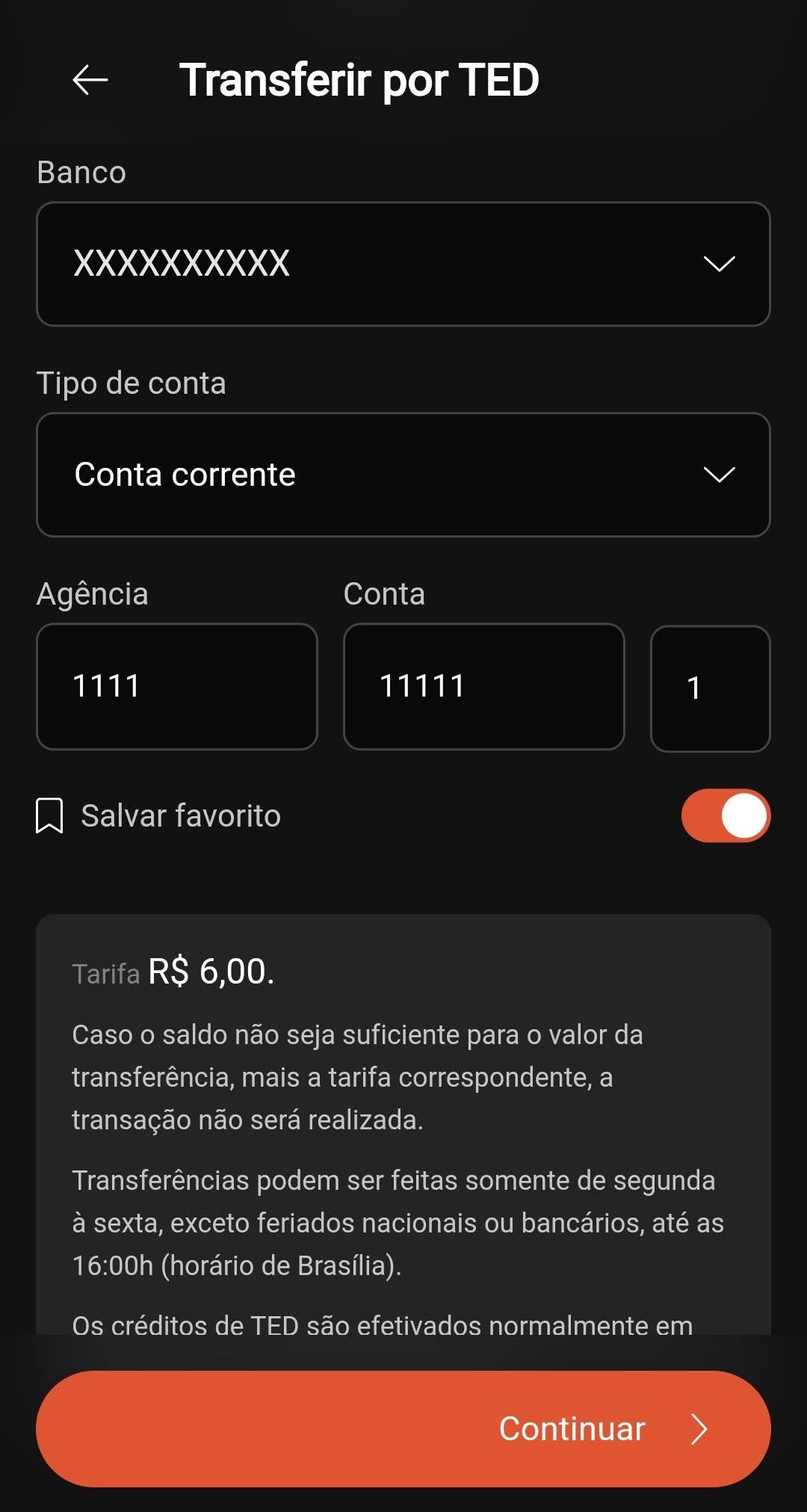3 -Tela TED mesma titularidade - preenchimento dados bancários - preenchido e maarcado favorito.jpg
